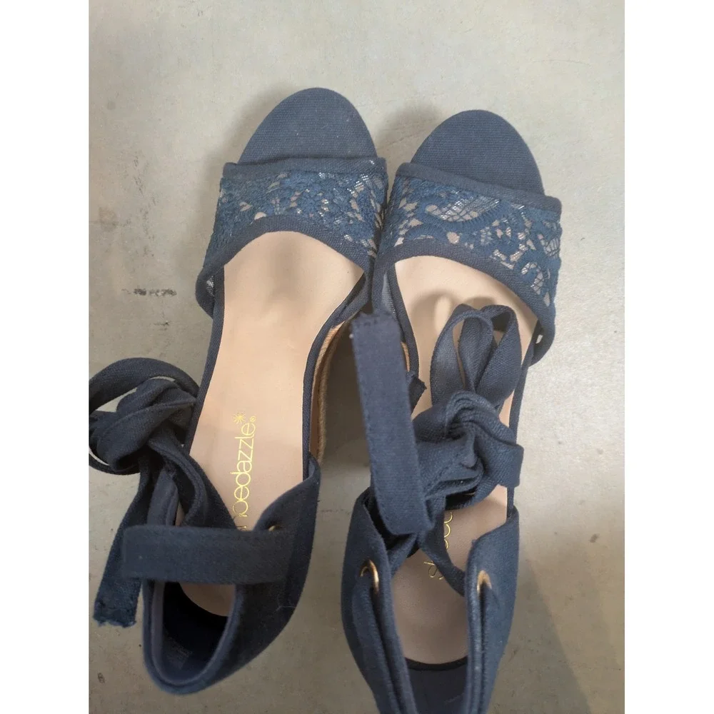 ShoeDazzle Wedge Sandals Women 7.5 Navy Blue Lace Up Espadrille Heel